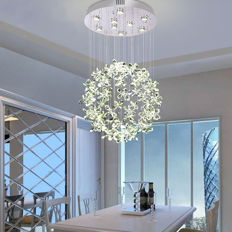 Modern Clear Crystal Sphere Flush Light - 16’/19.5’ W Nickel Ceiling Fixture With 9 Lights