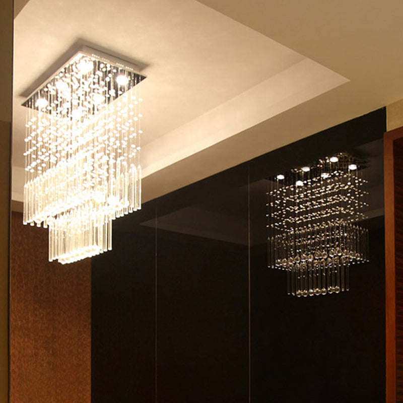 Crystal Cascade Flush Light Simple 6-Light Nickel Fixture - Perfect For Restaurants