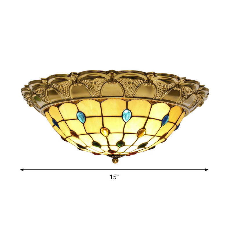 Lattice Bowl Flushmount Led Stained Glass Tiffany Style Ceiling Fixture In Brass Various Sizes