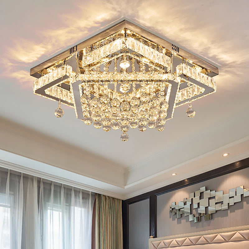 Square Crystal Led Ceiling Flush Mount Light Warm/White 18’/23.5’ Width