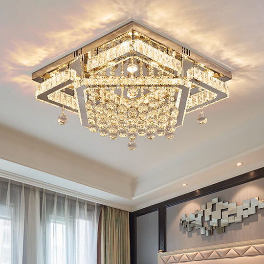 Square Crystal Led Ceiling Flush Mount Light Warm/White 18’/23.5’ Width