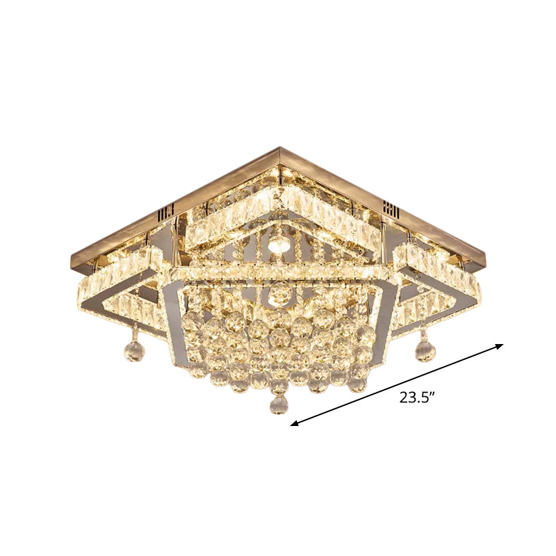 Square Crystal Led Ceiling Flush Mount Light Warm/White 18’/23.5’ Width