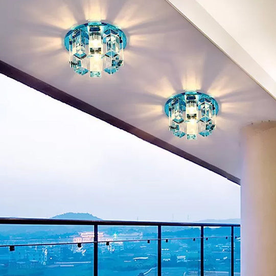 Blue/Gold/Tan Crystal Led Flush Mount Light With Round Design - Warm/White Lighting