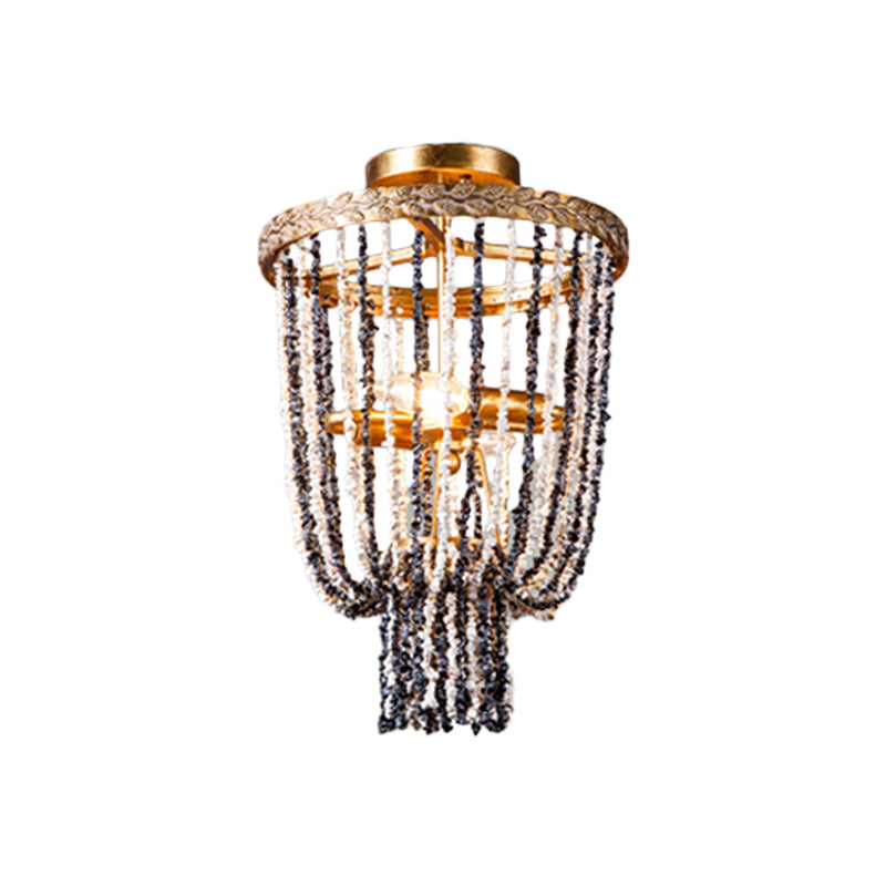 Antiqued Metal 2 - Light Brass Flushmount: Basket Dining Room Lighting With Stone Chain