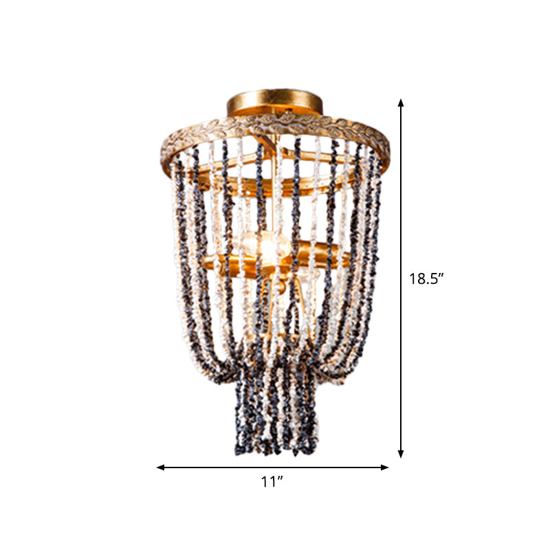 Antiqued Metal 2 - Light Brass Flushmount: Basket Dining Room Lighting With Stone Chain