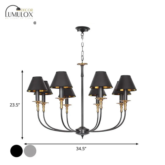 Traditional Cone Shape Chandelier 3/4/6-Head Fabric Hanging Pendant In Black/Chrome With Swooping