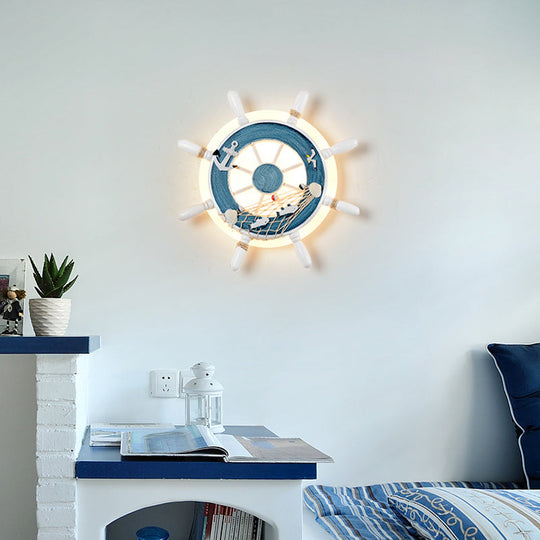 Coastal Led White/Blue Wall Mount Lamp: Rudder Resin Lighting With Round Acrylic Shade In Warm/White