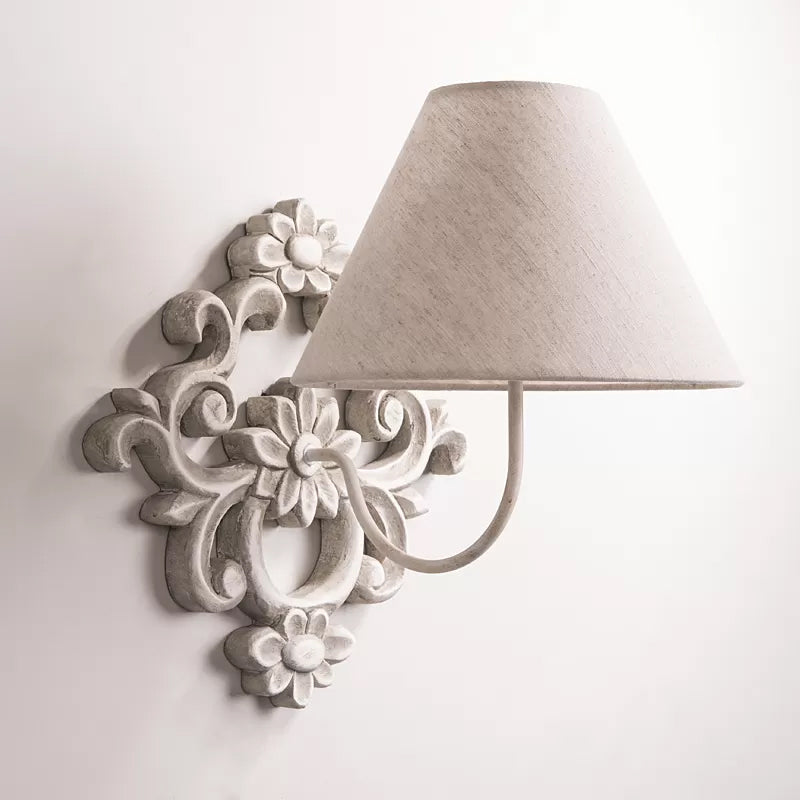 Tapered Fabric Wall Sconce Light In White With Wood Carved Backplate - Countryside Corridor Lighting