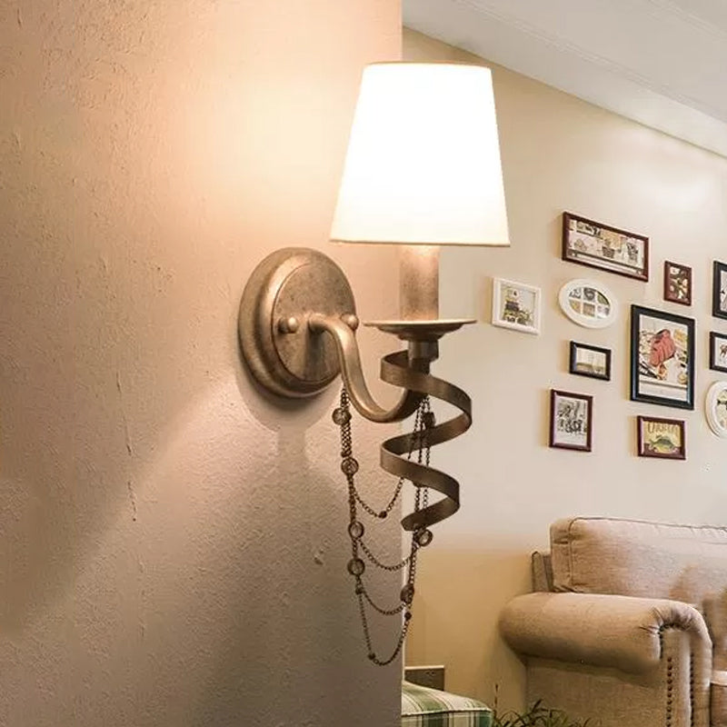 Farmhouse Barrel Fabric Wall Sconce With Crystal Chain Deco And Spiral Design - White