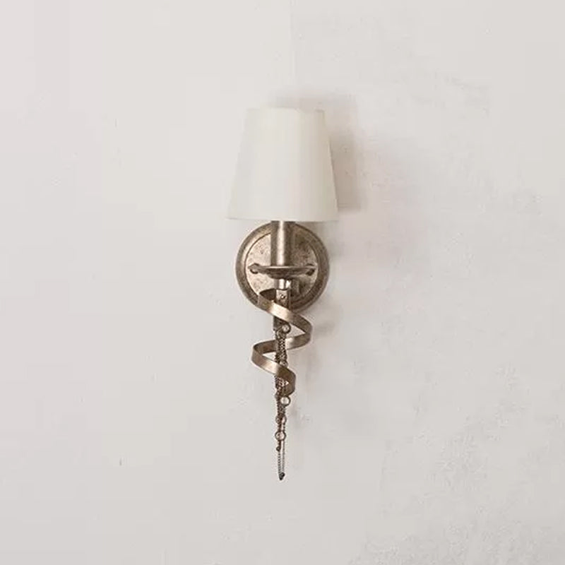 Farmhouse Barrel Fabric Wall Sconce With Crystal Chain Deco And Spiral Design - White