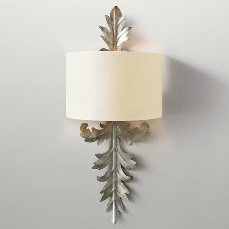 Vintage White Semi-Drum Flush Wall Sconce With Leaf Deco - 1 Light Corridor Lamp Fixture