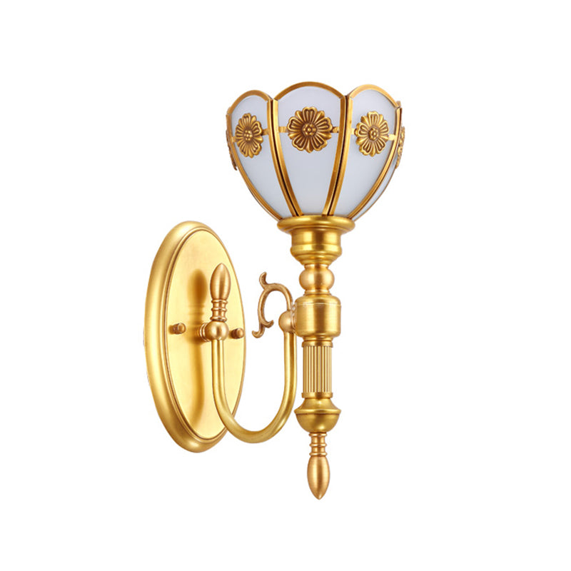 Vintage Gold Floral Bowl Wall Sconce With Curvy Arm - Milky Glass Mount Lamp