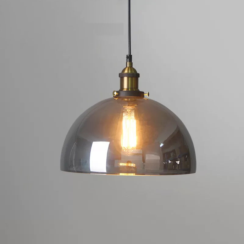 Retro Style Smoky Grey Glass Pendant Lamp - Brass Finish Bedside Ceiling Hanging Light