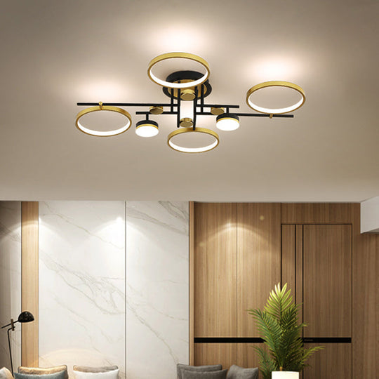 Stylish 4/6 - Light Semi Flush Mount Gold Hoop Chandelier With Metal Frame - Warm/White/3 Color