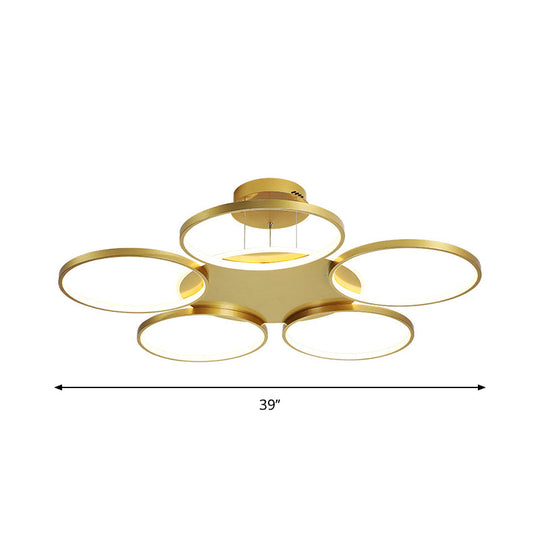 Modern Gold Halo Ring Chandelier - Flush Mount 3/5/6-Light Metal Ceiling Lamp In Warm/White Light