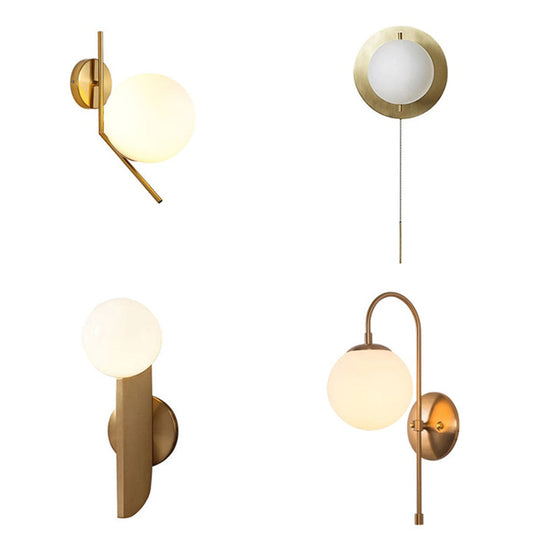 Gold Mini Globe Wall Sconce Light - Elegant Opaline Glass Fixture For Bedroom