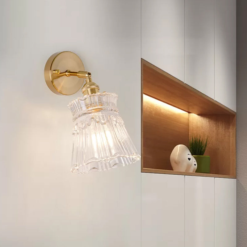 Postmodern Gold Wall Light With Clear Ribbed Glass - Conical Design Rotating Feature 1 Kit