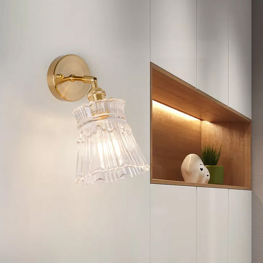 Postmodern Gold Wall Light With Clear Ribbed Glass - Conical Design Rotating Feature 1 Kit