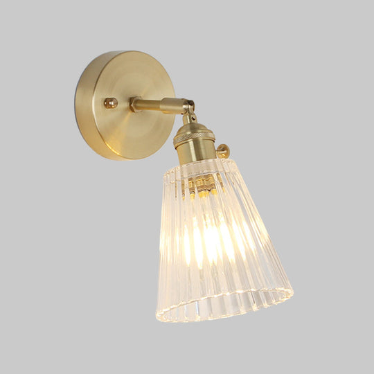Postmodern Gold Wall Light With Clear Ribbed Glass - Conical Design Rotating Feature 1 Kit