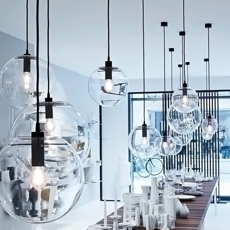 Simple Black Cafe Pendant Lamp With Clear Glass Sphere Shade - 8/10/12 Sizes Available / 8