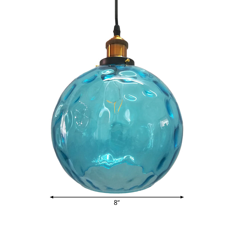 Blue Rippled Glass Ball Hanging Light - Modern 1 Brass Ceiling Lamp 8/10/12 W