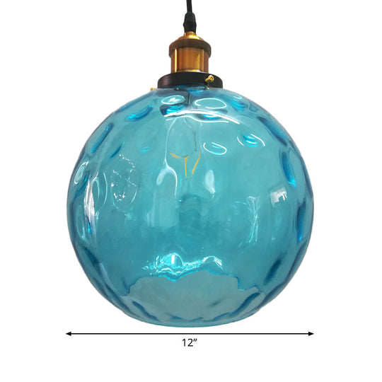 Modern Blue Rippled Glass Ball Hanging Light With Brass Ceiling Suspension - 1 (8’/10’/12’ Sizes)