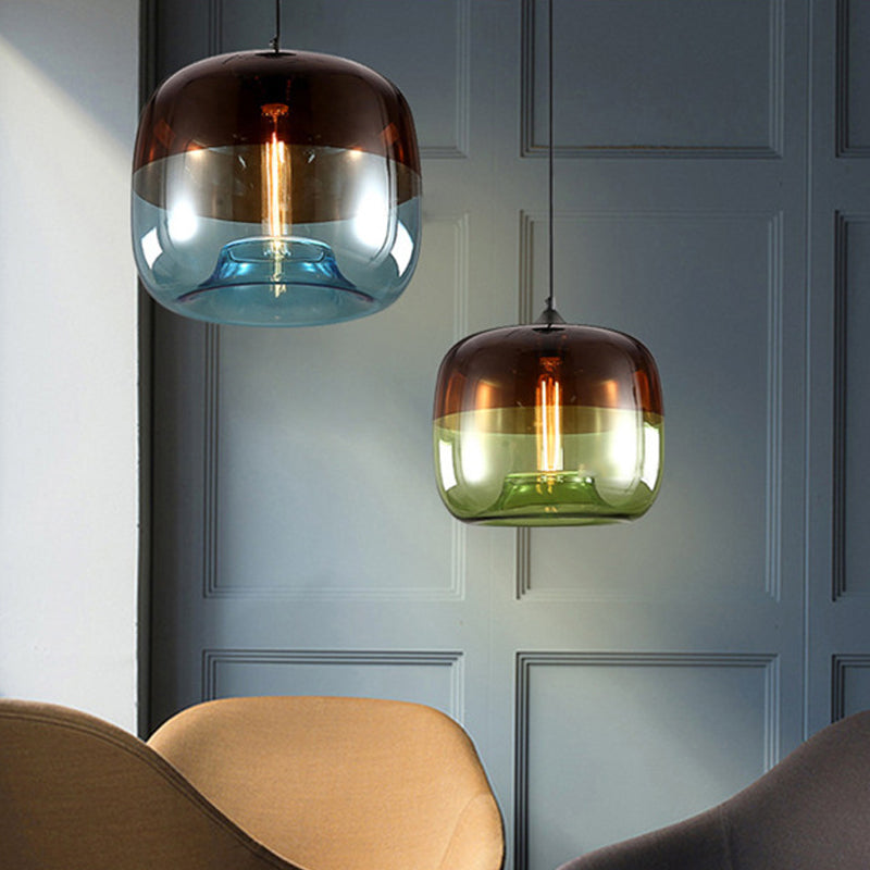 Postmodern Blue/Green-Brown Glass Drum Pendant Ceiling Light - Stylish 1 Bulb Suspension Lamp For