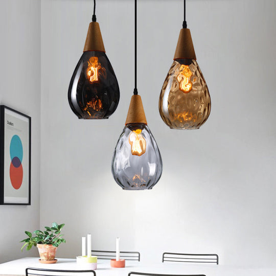 Modern Wood Teardrop Pendant Light Fixture - 6/8 Wide Amber Water Glass Hanging Lamp For Restaurants