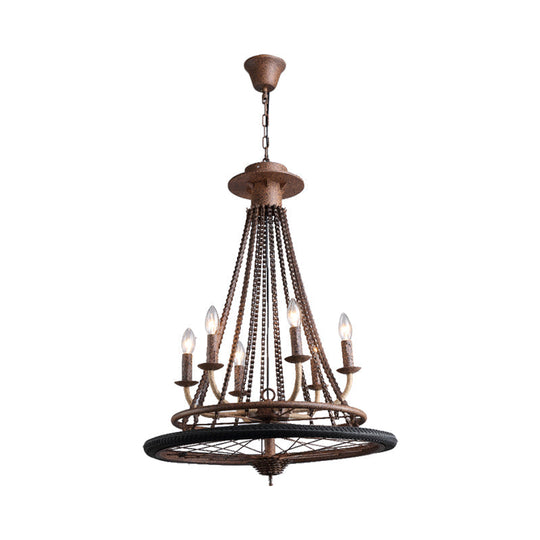 Rustic Wrought Iron Wheel Chandelier - Farmhouse Style Indoor Ceiling Lamp With 6 Lights Candle And