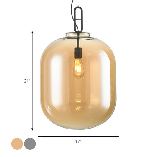 Modern Black Ovale Ceiling Pendant Light Fixture - 1 Bulb Smoke Grey/Amber Glass Sizes 9.5/14/17