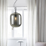 Modern Black Ovale Ceiling Pendant Light Fixture - 1 Bulb Smoke Grey/Amber Glass Sizes 9.5/14/17