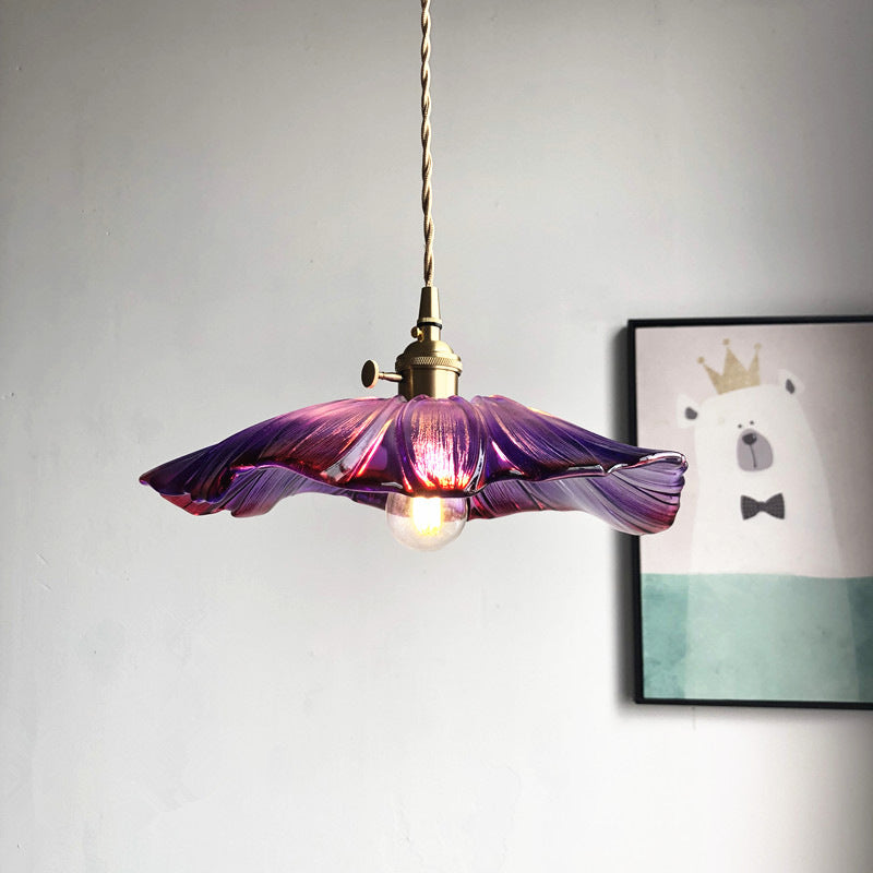 Modern Purple/Clear Glass Flower Pendant Lamp - 1-Light Brass Dining Table Lighting Fixture Purple