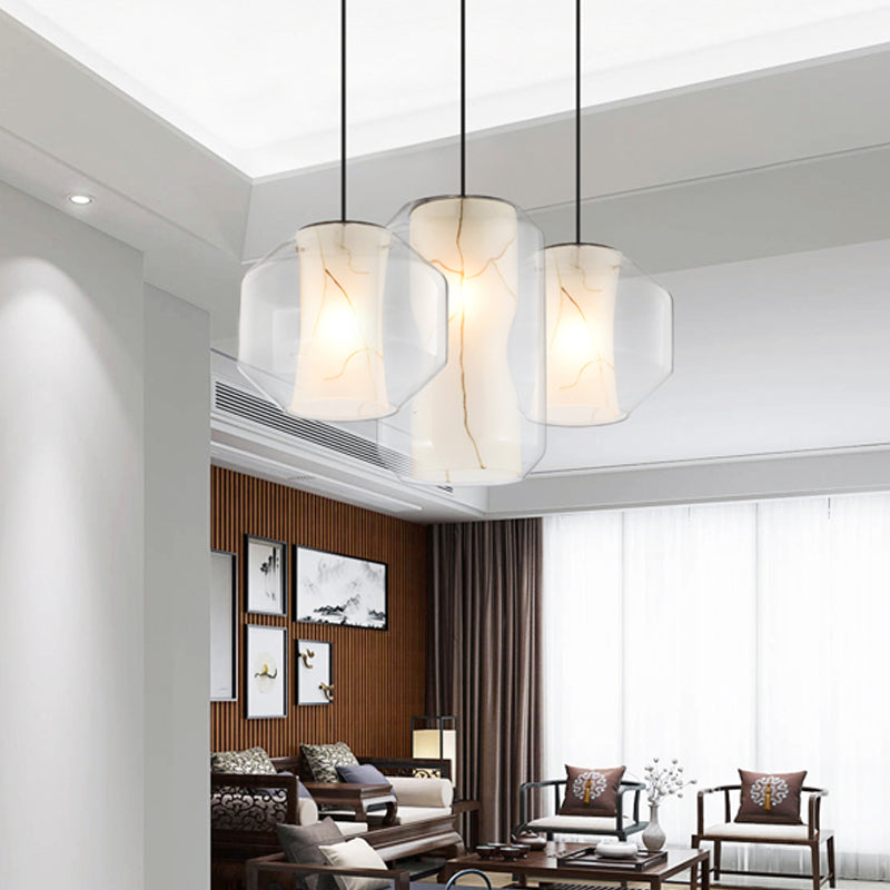 White Curved Pendant Light - Modern Faux Marble Suspension Lamp With Clear Glass Shade