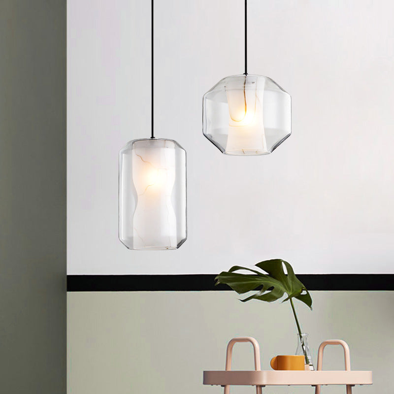 White Curved Pendant Light - Modern Faux Marble Suspension Lamp With Clear Glass Shade