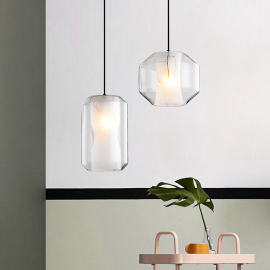 White Curved Pendant Light - Modern Faux Marble Suspension Lamp With Clear Glass Shade