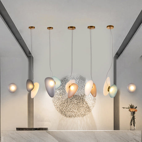 Modern Brass Pendant Light With Glass Shade - Set Of 2 Bulbs Pebble Accent In Light-Blue/Cream