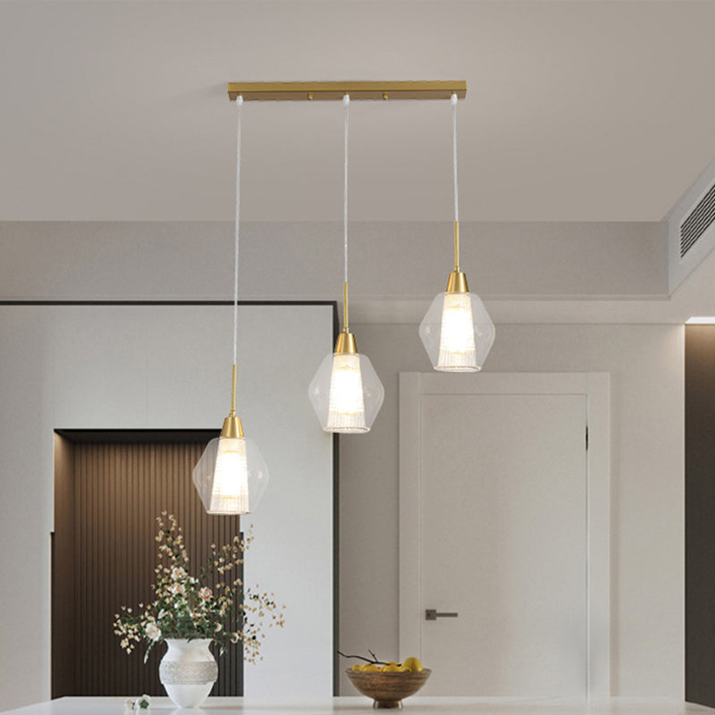 Modern Clear Glass 3-Bulb Gold Cluster Pendant Light - Dual-Shade Diamond Ceiling Hand Lamp / Linear
