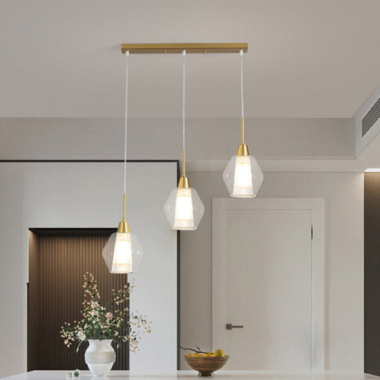Modern Clear Glass 3-Bulb Gold Cluster Pendant Light - Dual-Shade Diamond Ceiling Hand Lamp / Linear