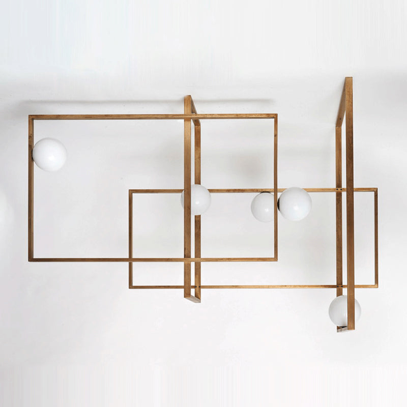 Postmodern Interlocking 5-Head Semi Flush Gold Ceiling Lamp With Orb Glass Shade