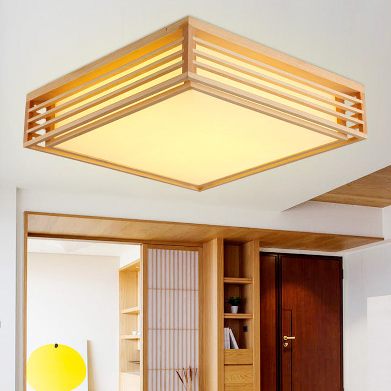 Square Acrylic Flush Ceiling Light - Asian Beige Led Fixture In Warm/White With Wood Frame