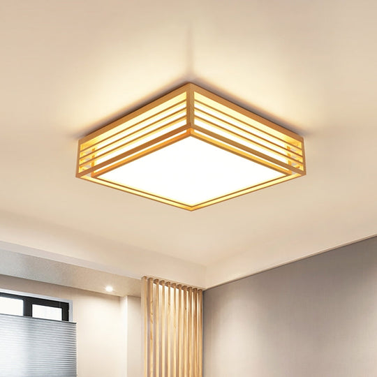 Square Acrylic Flush Ceiling Light - Asian Beige Led Fixture In Warm/White With Wood Frame