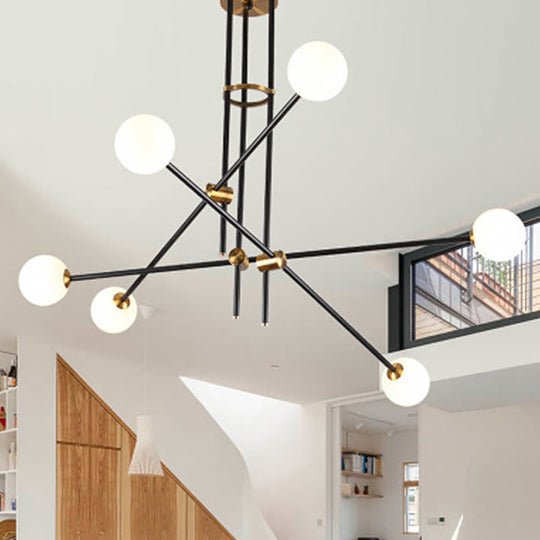 Postmodern Black 3-Arm Chandelier Light With 6 Bulbs And Milky Glass Shade