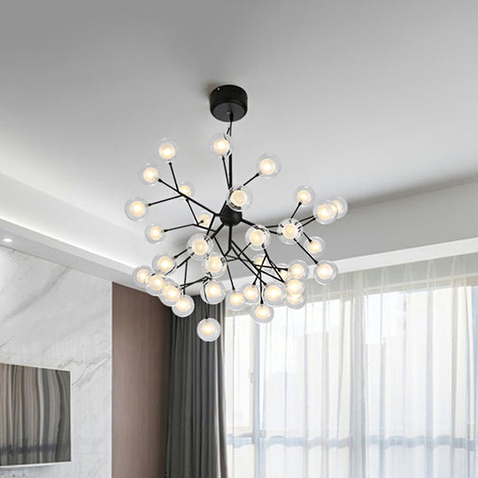 Modernist 36-Light Black Firefly Chandelier - Clear And Frosted Glass Pendant Light For Parlor