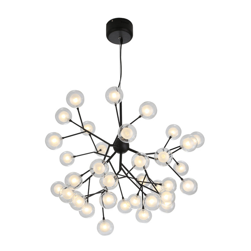 Modernist 36-Light Black Firefly Chandelier - Clear And Frosted Glass Pendant Light For Parlor