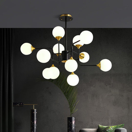 Modern Black And Gold Branch Hanging Lamp With Milky Ball Glass Chandelier Light Fixture -