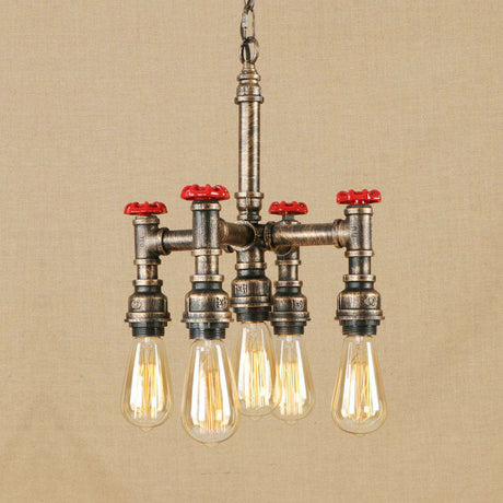 Steampunk 5-Light Chandelier With Open Bulbs Pipe And Valve - Antique Silver/Bronze Ceiling Fixture