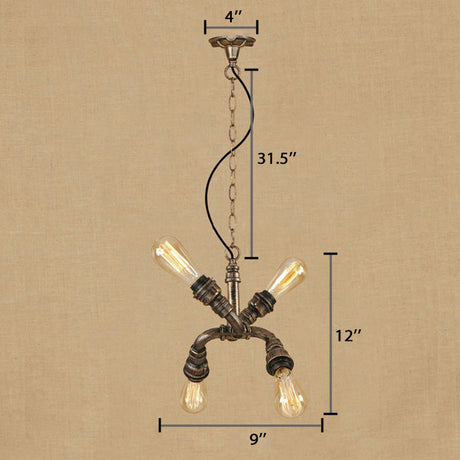 Industrial Wrought Iron Chandelier Pendant Light - Exposed Bulbs 4 Heads Bronze/Aged Bronze Finish