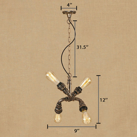Industrial Wrought Iron Chandelier Pendant Light - Exposed Bulbs 4 Heads Bronze/Aged Bronze Finish