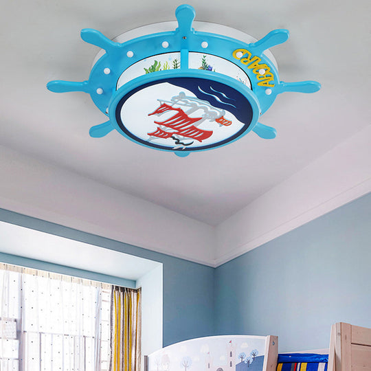 Nautical Ship Boys Bedroom Ceiling Light Blue Wood Rudder Mount / Warm