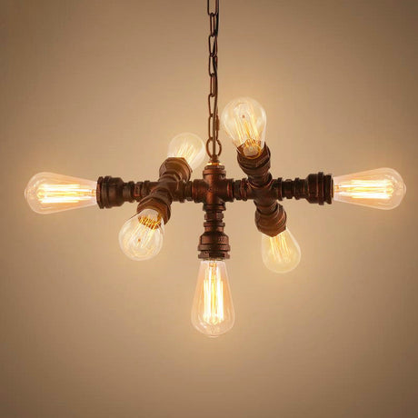 Steampunk Iron Piping Bistro Chandelier - Sputnik Design With 7 Bulbs Antique Bronze Ceiling Hang